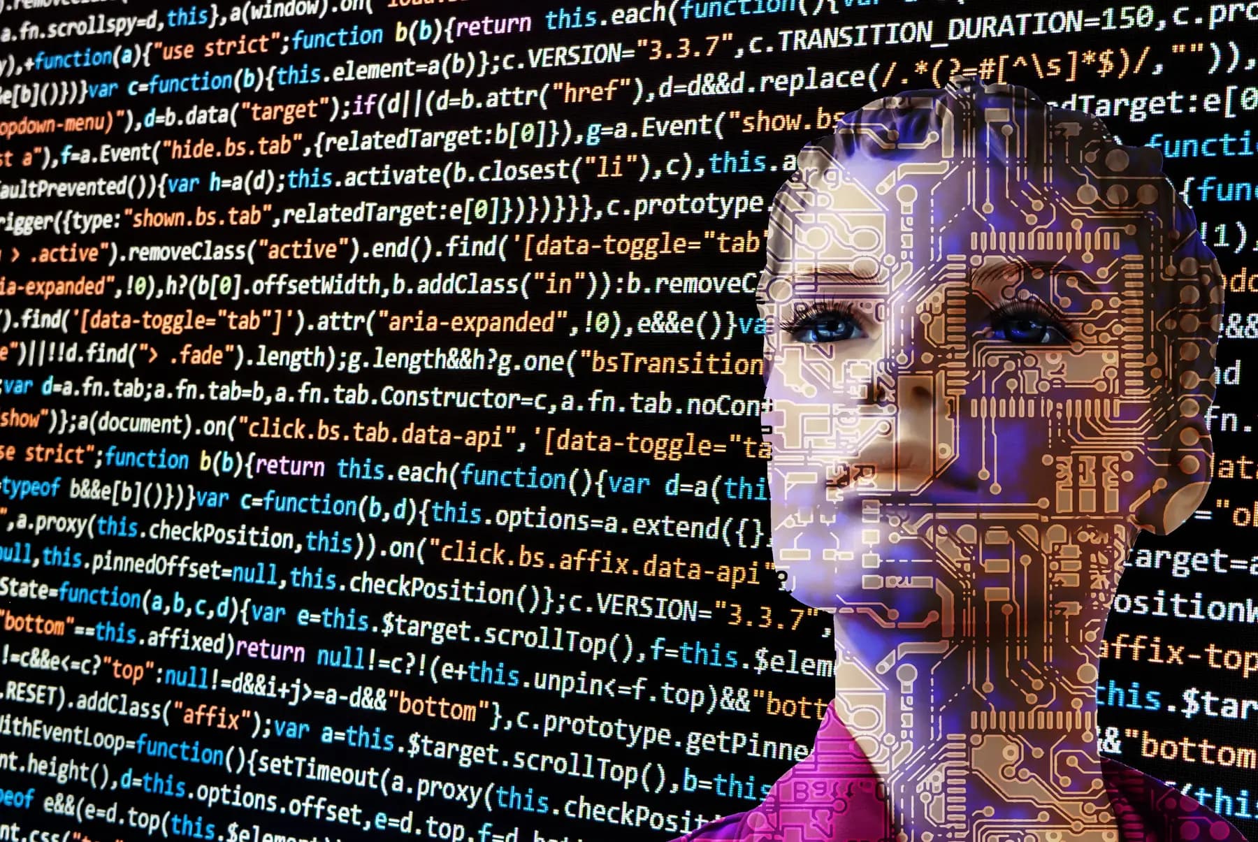 Digital face formed from circuitry over lines of code