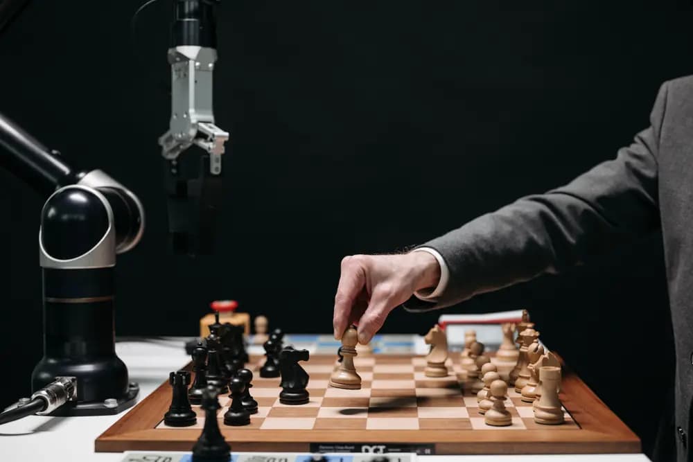 Robotic arm playing chess against a human