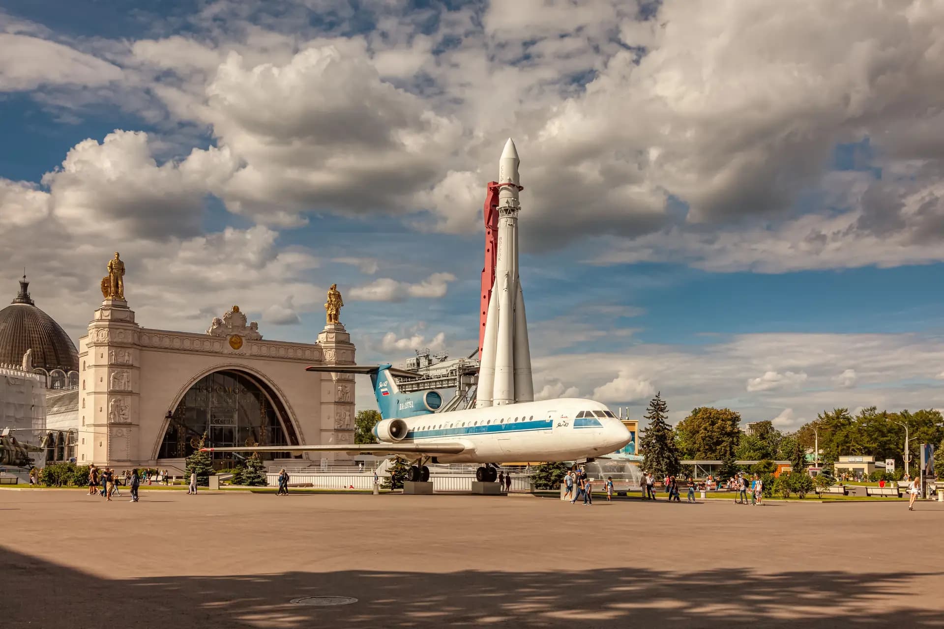 Space-flight exhibition with a rocket and passenger aircraft on display