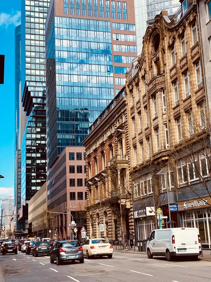 Frankfurt street with historic buildings and modern towers
