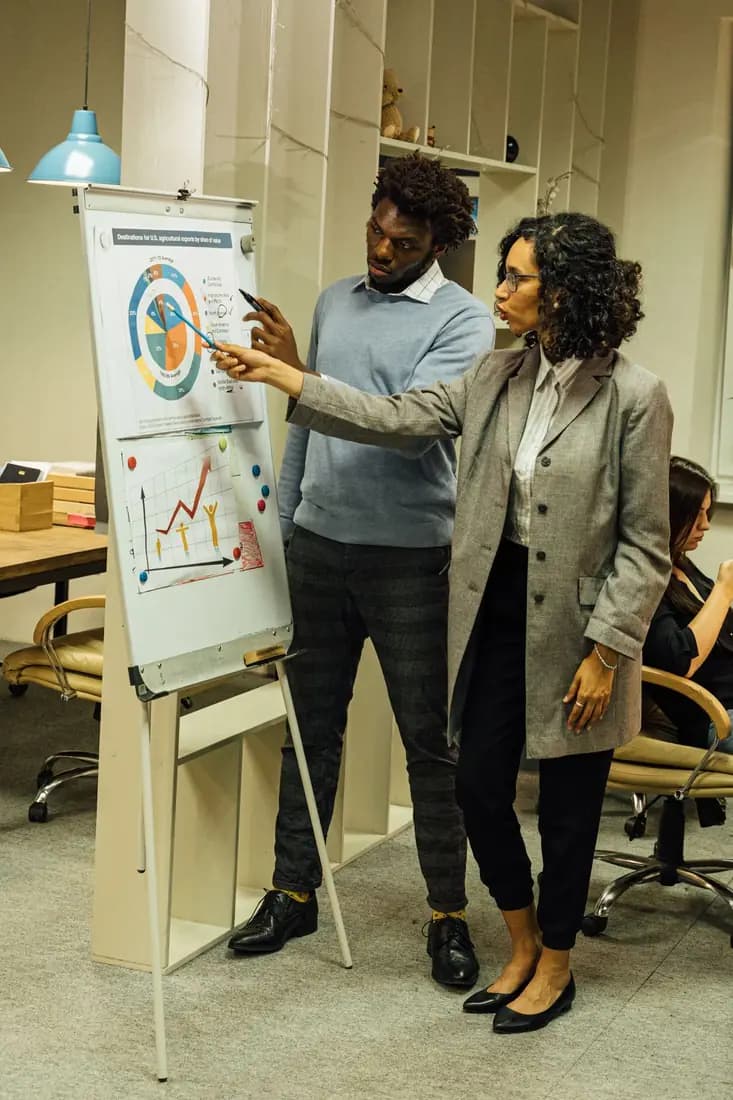 Colleagues presenting charts on a flipchart