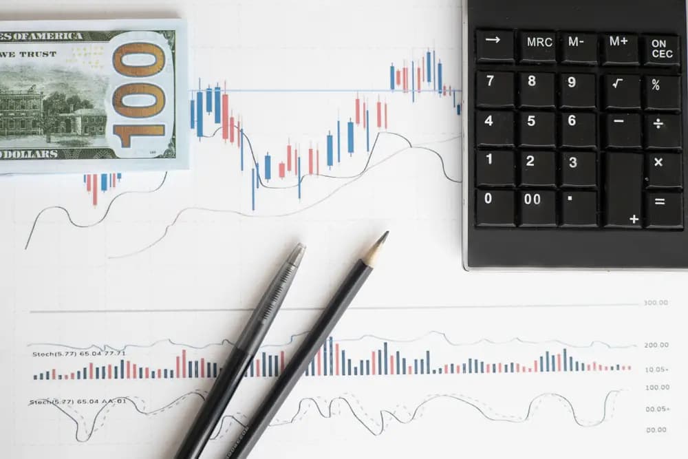 Financial charts with a calculator and banknote